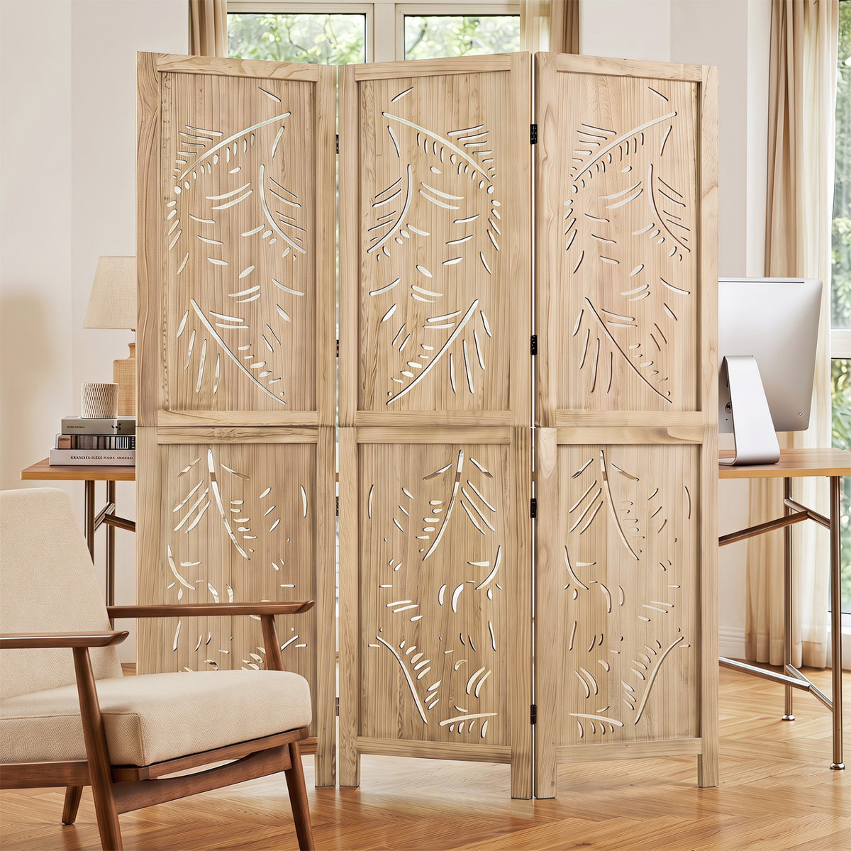 3-Panel Wooden Room Divider with Palm Leaf Design & Paulownia Frame - 3-Panel