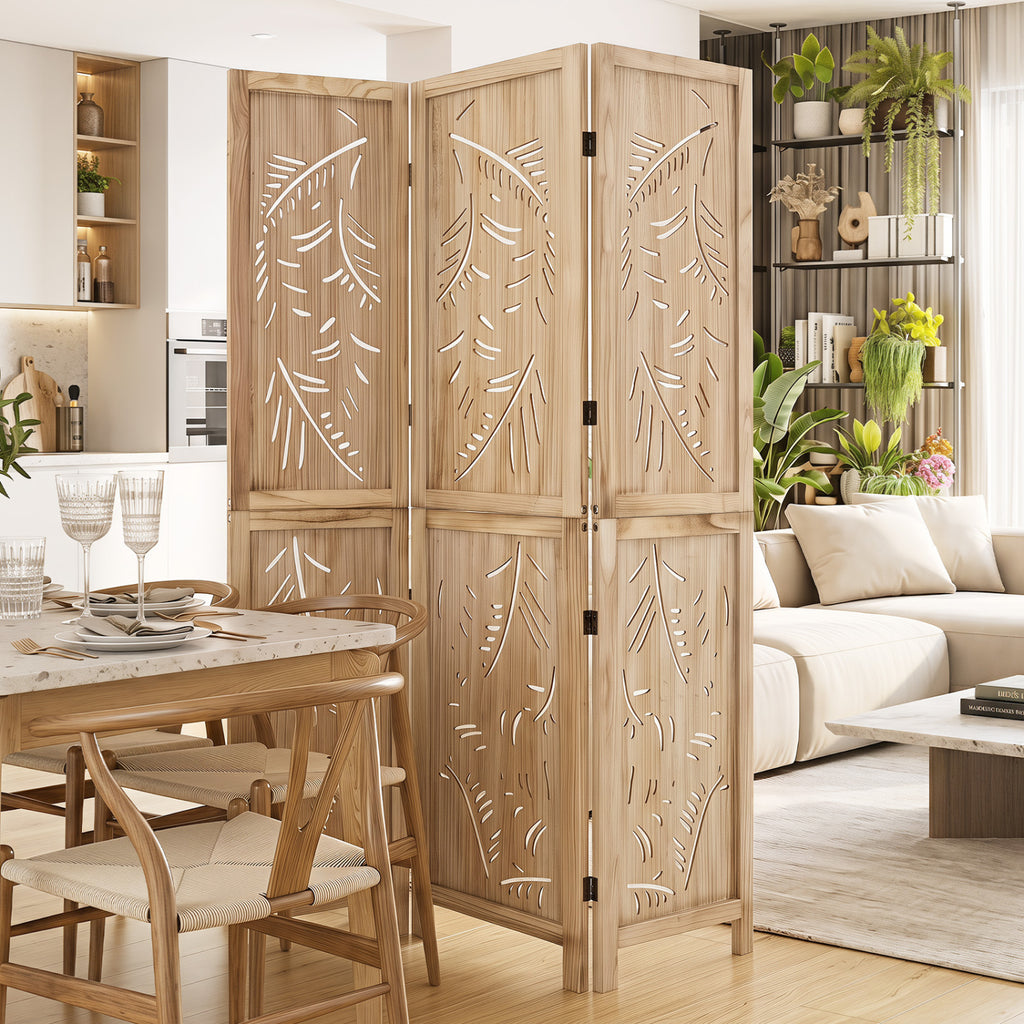 3-Panel Wooden Room Divider with Palm Leaf Design & Paulownia Frame - 3-Panel