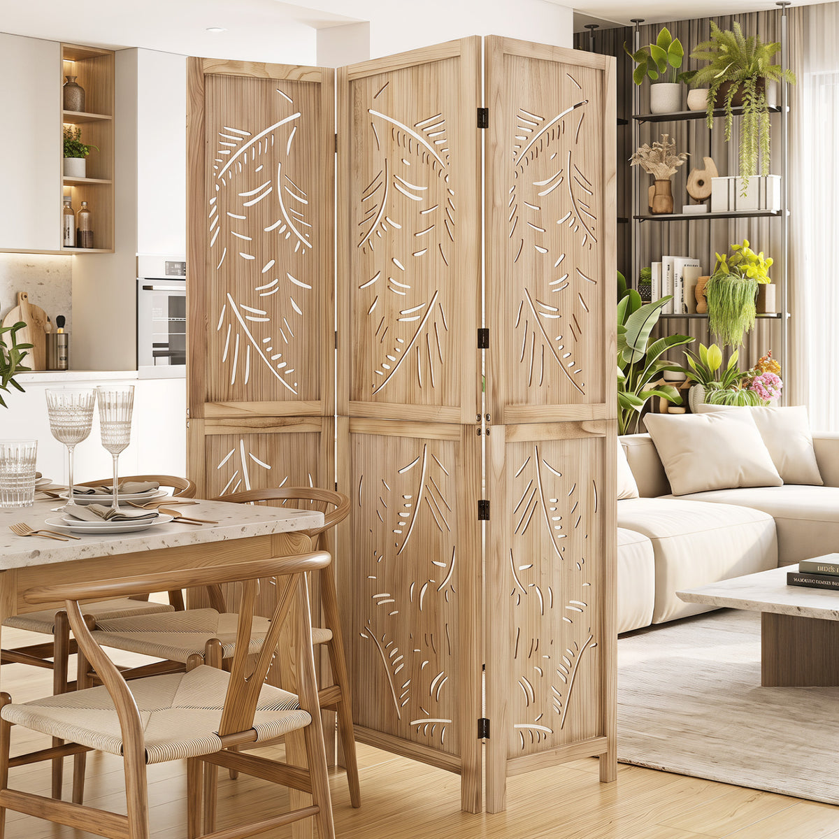 3-Panel Wooden Room Divider with Palm Leaf Design & Paulownia Frame - 3-Panel