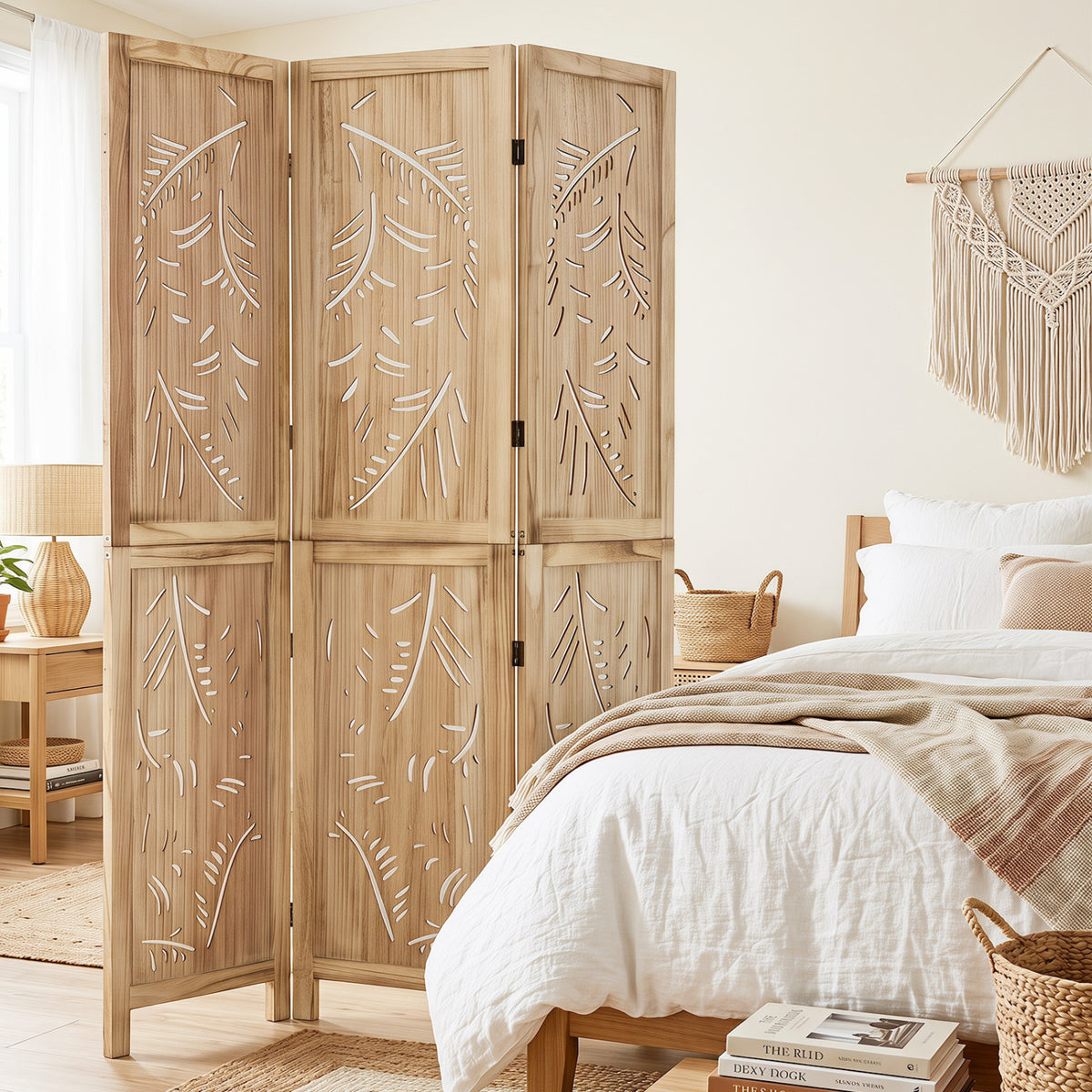 3-Panel Wooden Room Divider with Palm Leaf Design & Paulownia Frame - 3-Panel