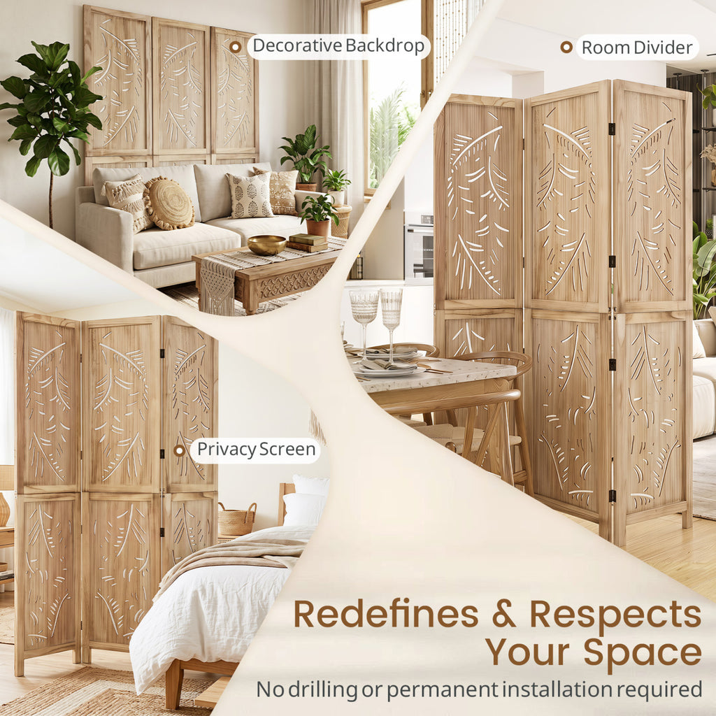 3-Panel Wooden Room Divider with Palm Leaf Design & Paulownia Frame - 3-Panel