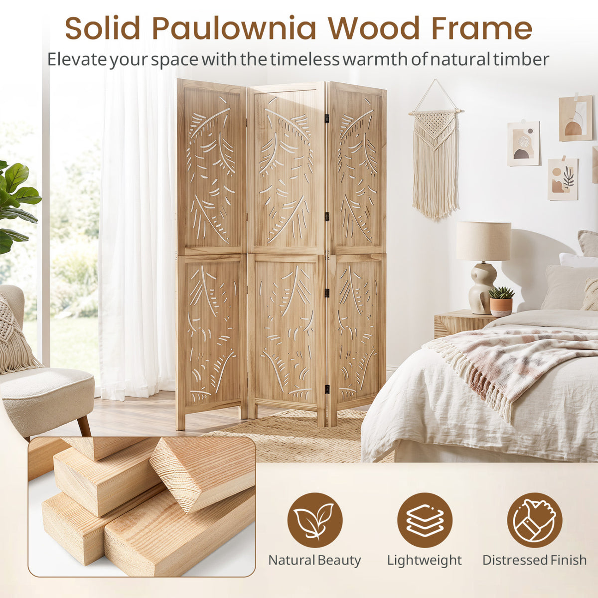 3-Panel Wooden Room Divider with Palm Leaf Design & Paulownia Frame - 3-Panel