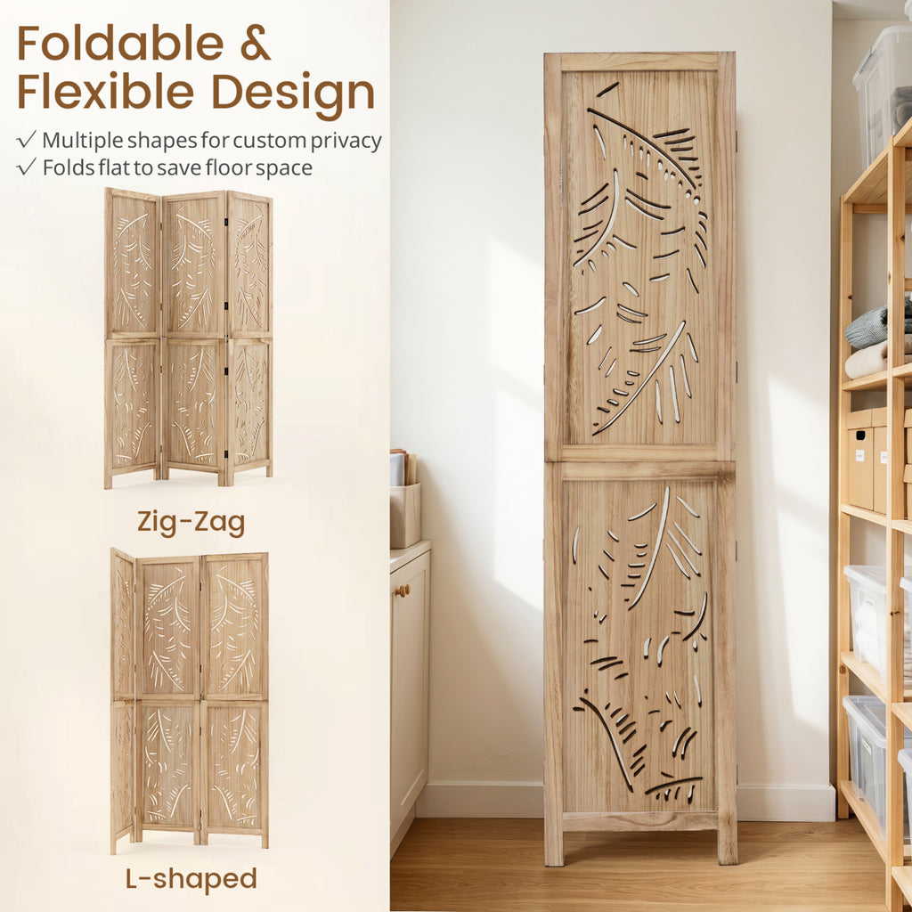 3-Panel Wooden Room Divider with Palm Leaf Design & Paulownia Frame - 3-Panel