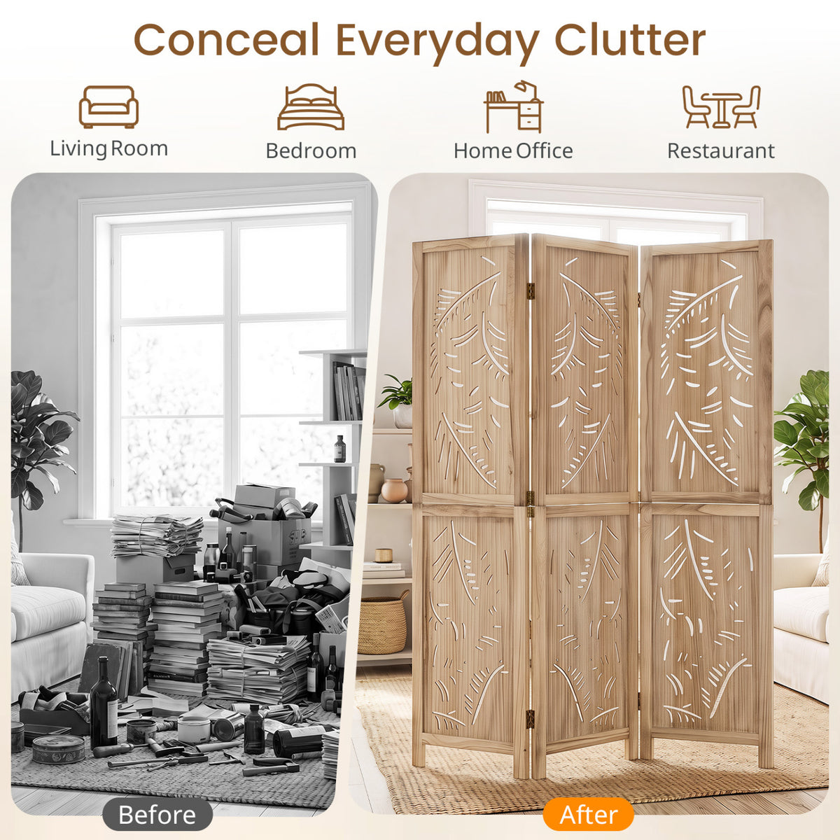 3-Panel Wooden Room Divider with Palm Leaf Design & Paulownia Frame - 3-Panel
