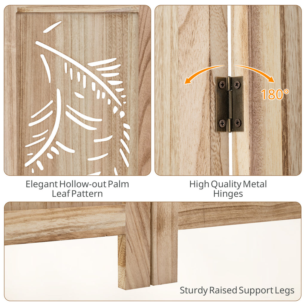 3-Panel Wooden Room Divider with Palm Leaf Design & Paulownia Frame - 3-Panel