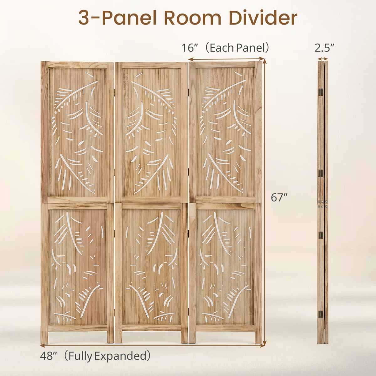 3-Panel Wooden Room Divider with Palm Leaf Design & Paulownia Frame - 3-Panel