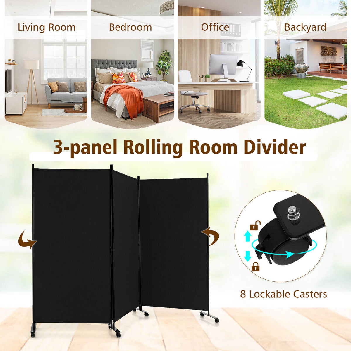 3 Panel Folding Room Divider with Lockable Wheels - Black, Portable Privacy Screen