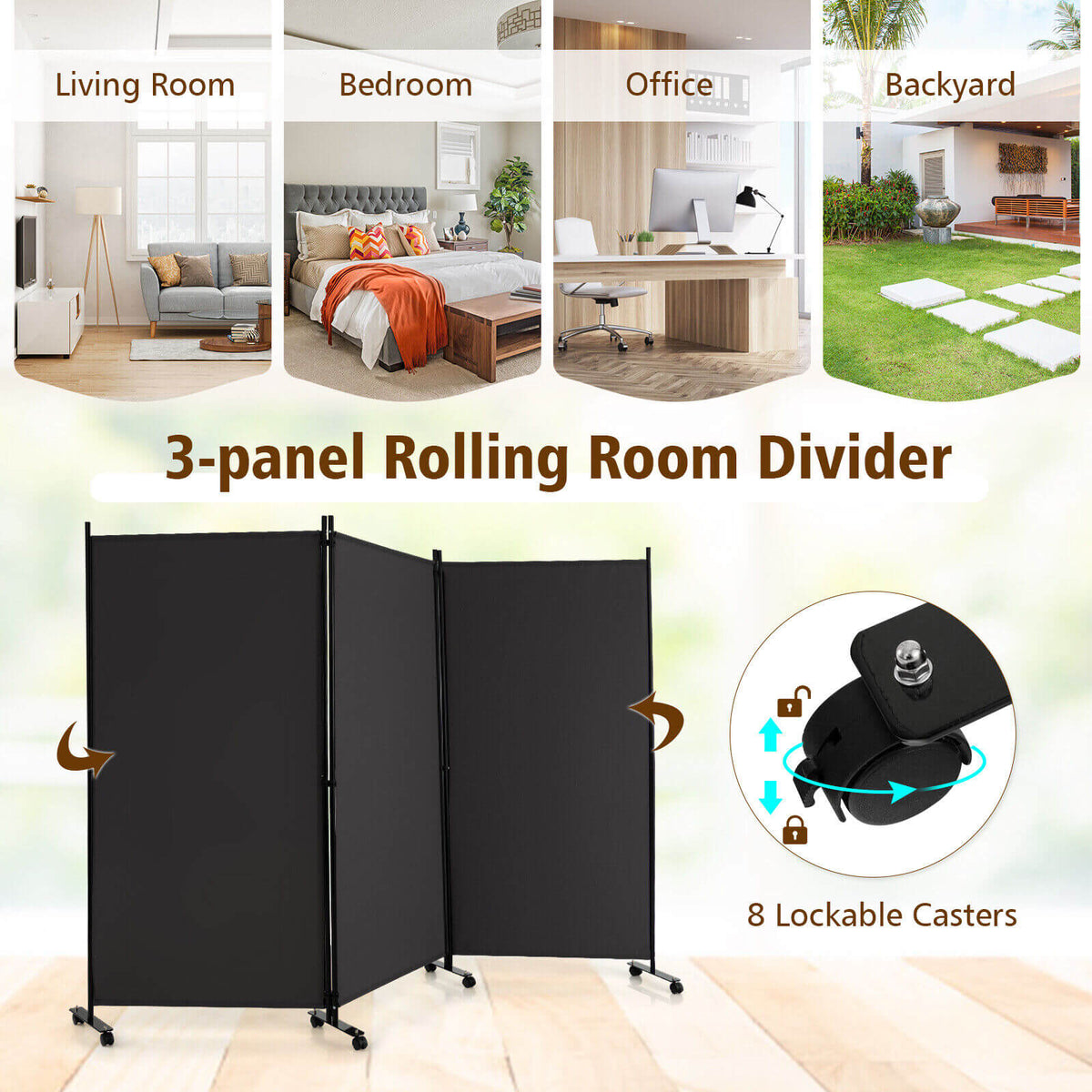 3-Panel Folding Room Divider with Lockable Wheels - Gray, Portable Privacy Screen