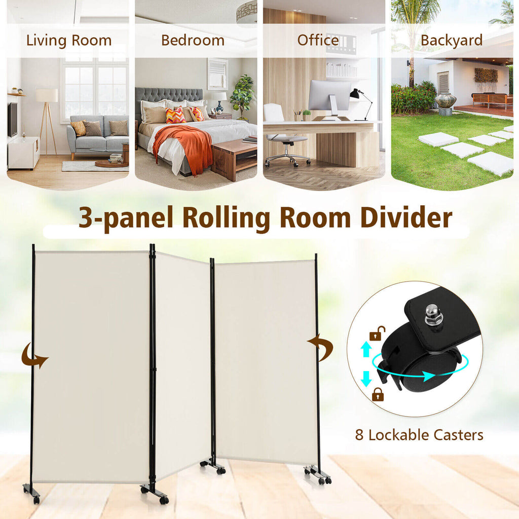 3 Panel Folding Room Divider with Lockable Wheels - White, Portable Privacy Screen