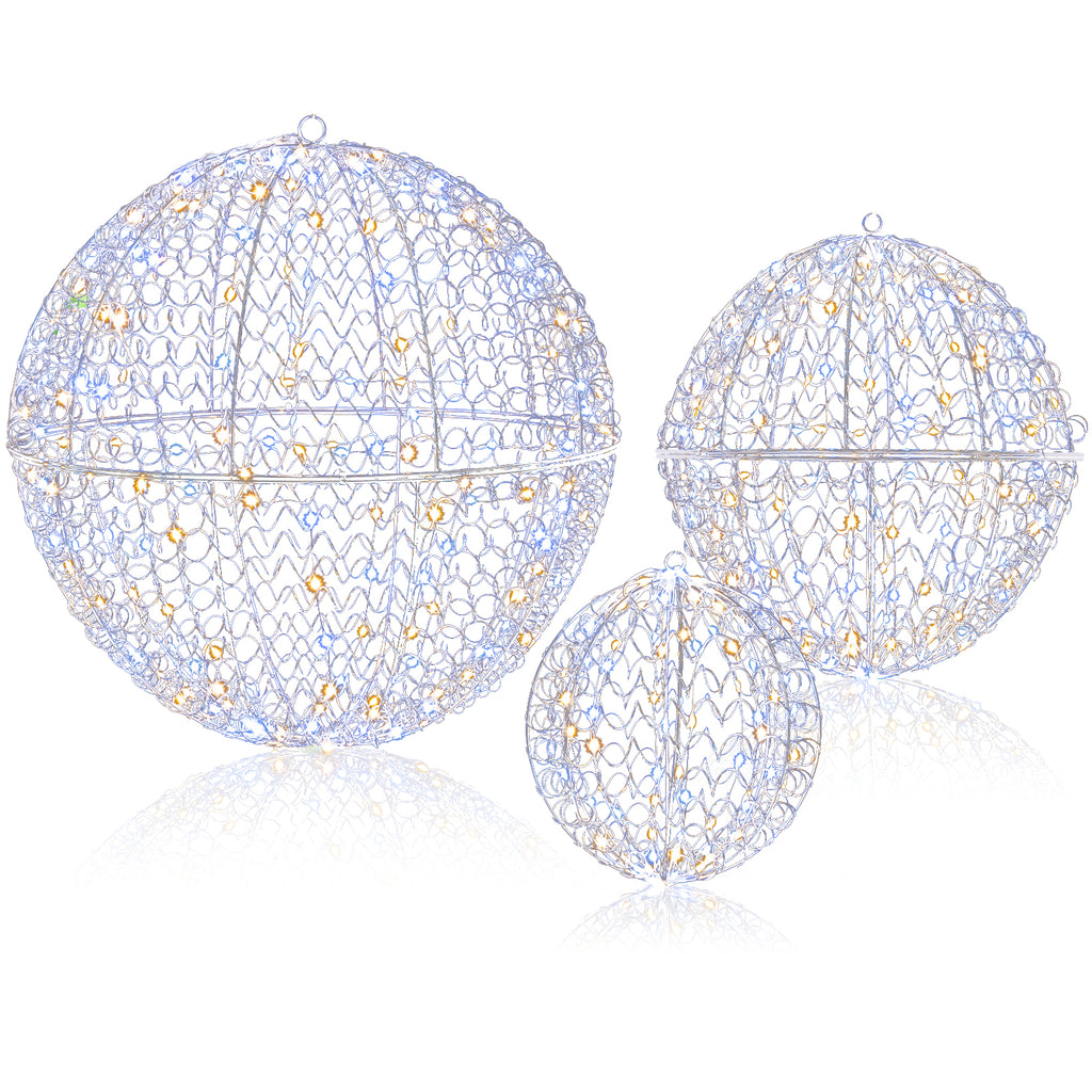Lighted Christmas Balls Set with 435 LEDs, Large Standing & Hanging Metal Spheres