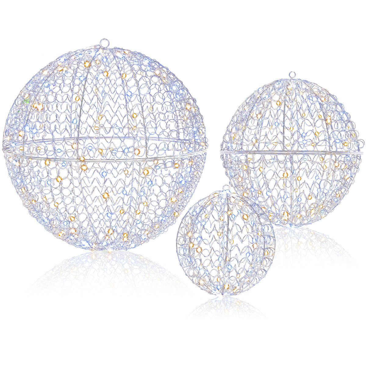 Lighted Christmas Balls Set with 435 LEDs, Large Standing & Hanging Metal Spheres