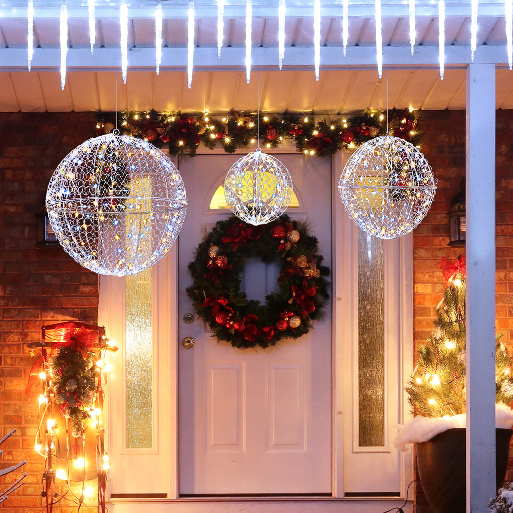 Lighted Christmas Balls Set with 435 LEDs, Large Standing & Hanging Metal Spheres