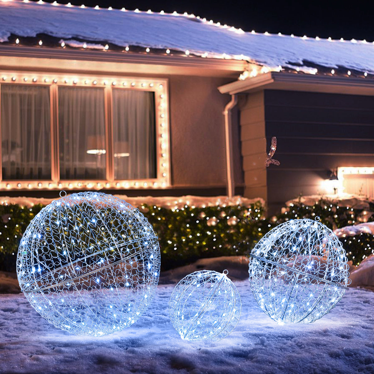 Lighted Christmas Balls Set with 435 LEDs, Large Standing & Hanging Metal Spheres