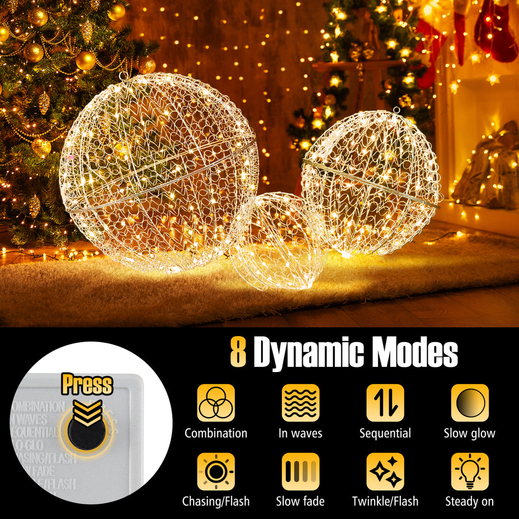 Lighted Christmas Balls Set with 435 LEDs, Large Standing & Hanging Metal Spheres