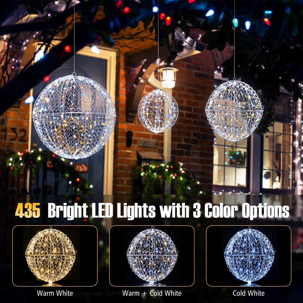Lighted Christmas Balls Set with 435 LEDs, Large Standing & Hanging Metal Spheres