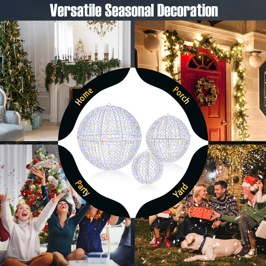 Lighted Christmas Balls Set with 435 LEDs, Large Standing & Hanging Metal Spheres