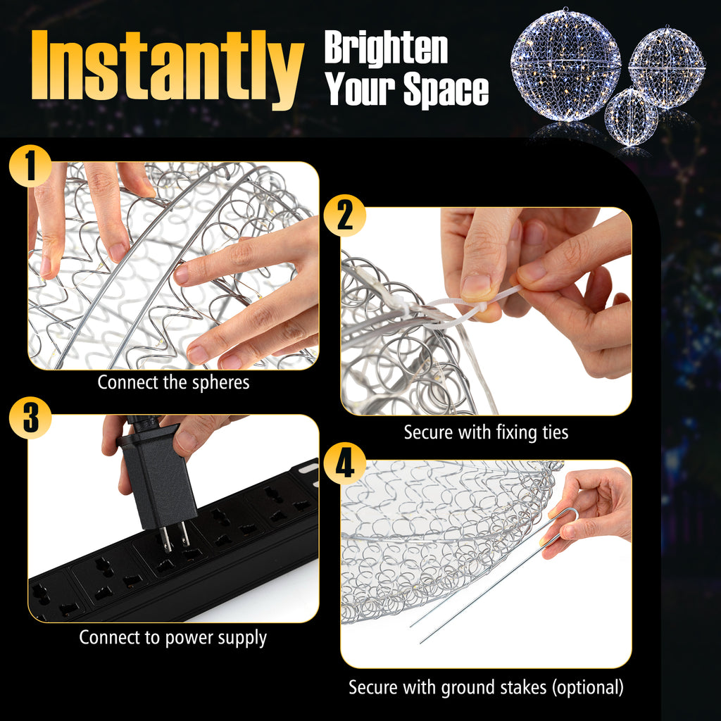 Lighted Christmas Balls Set with 435 LEDs, Large Standing & Hanging Metal Spheres