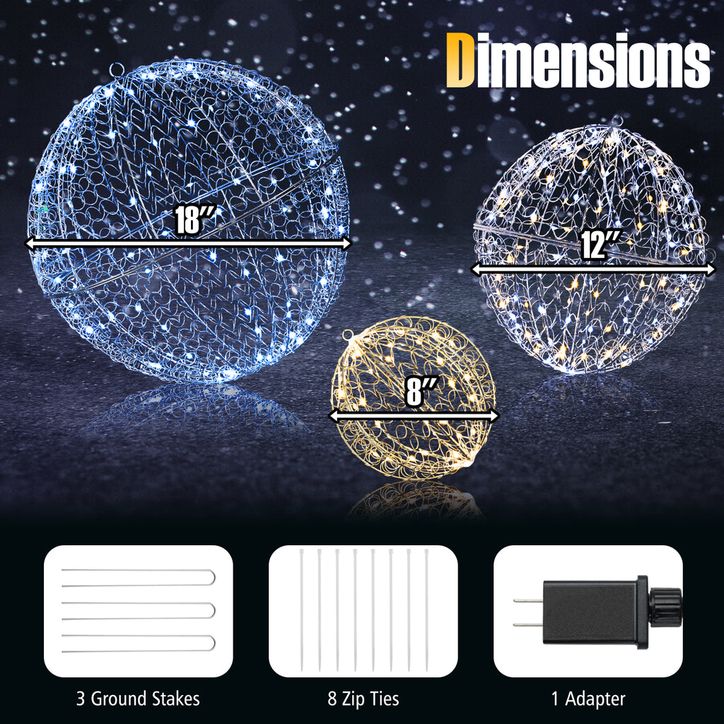 Lighted Christmas Balls Set with 435 LEDs, Large Standing & Hanging Metal Spheres