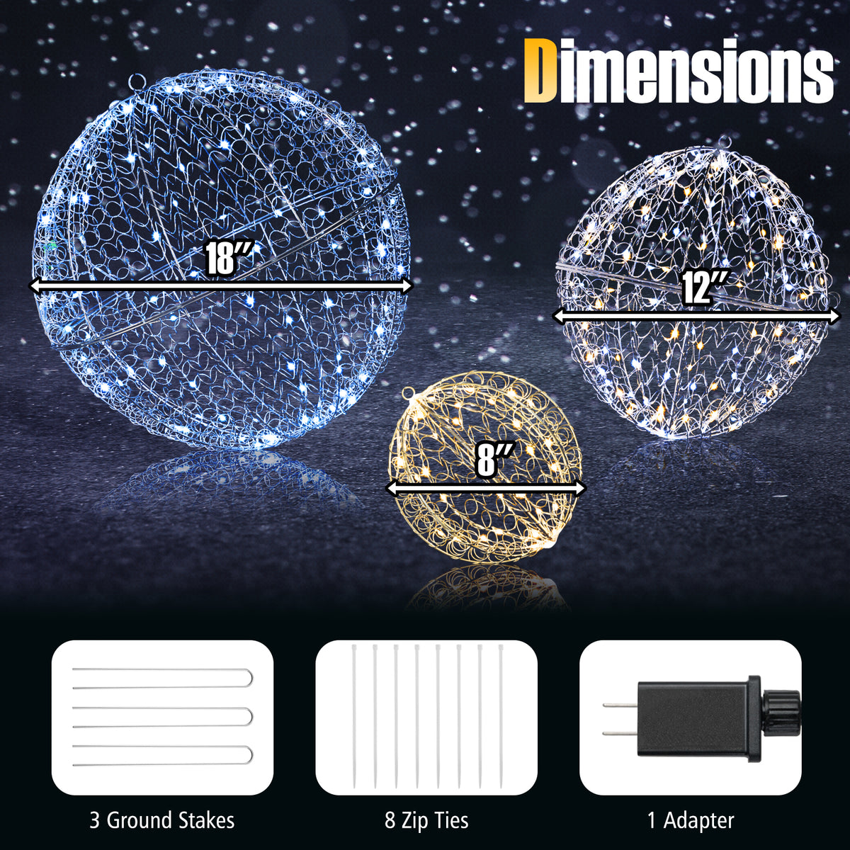 Lighted Christmas Balls Set with 435 LEDs, Large Standing & Hanging Metal Spheres