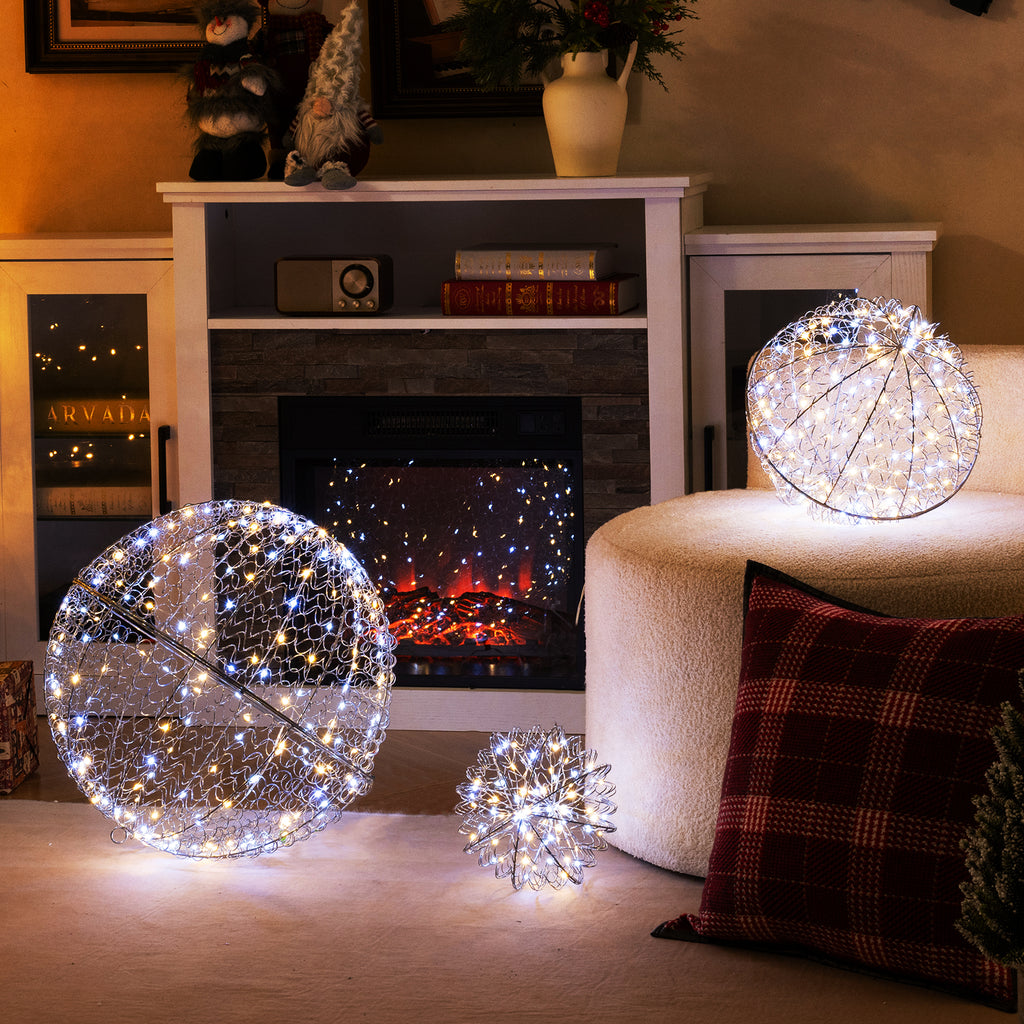 Lighted Christmas Balls Set with 435 LEDs, Large Standing & Hanging Metal Spheres