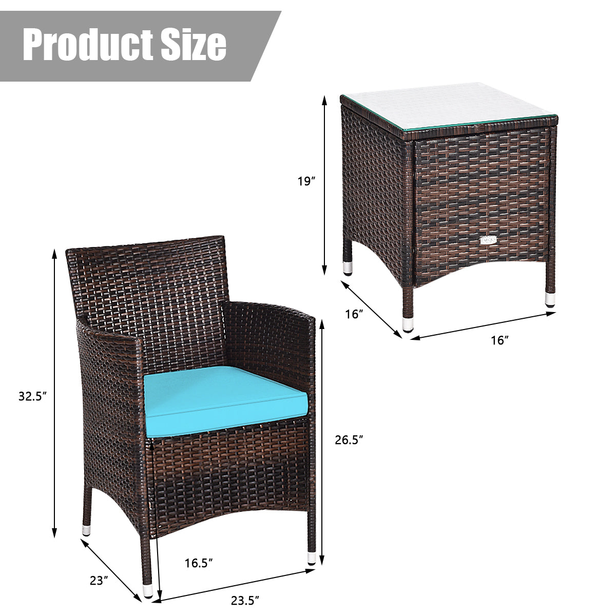 3 Pieces Ergonomic Wicker Patio Conversation Set