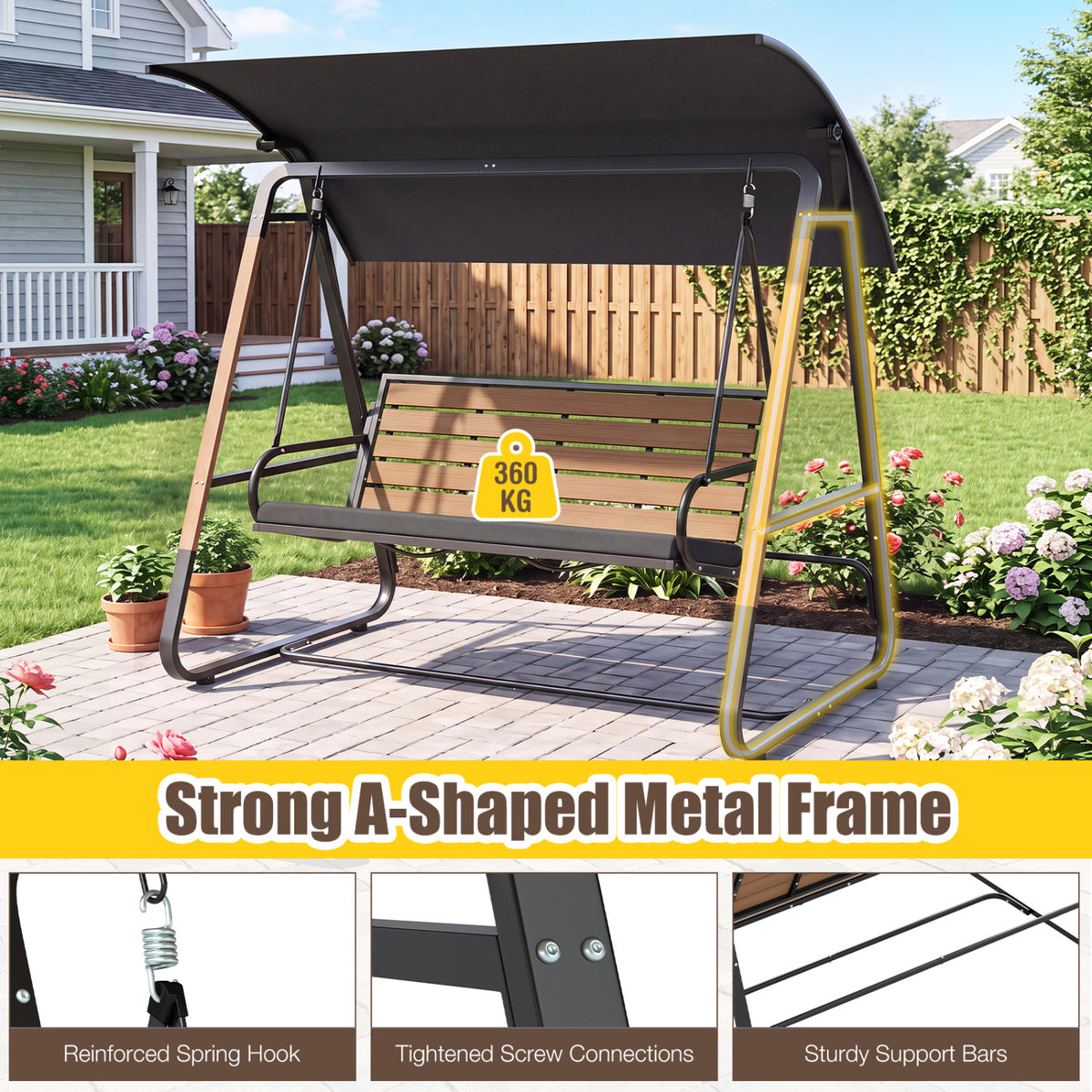 3-Person Porch Swing, Outdoor Swing with Adjustable Canopy