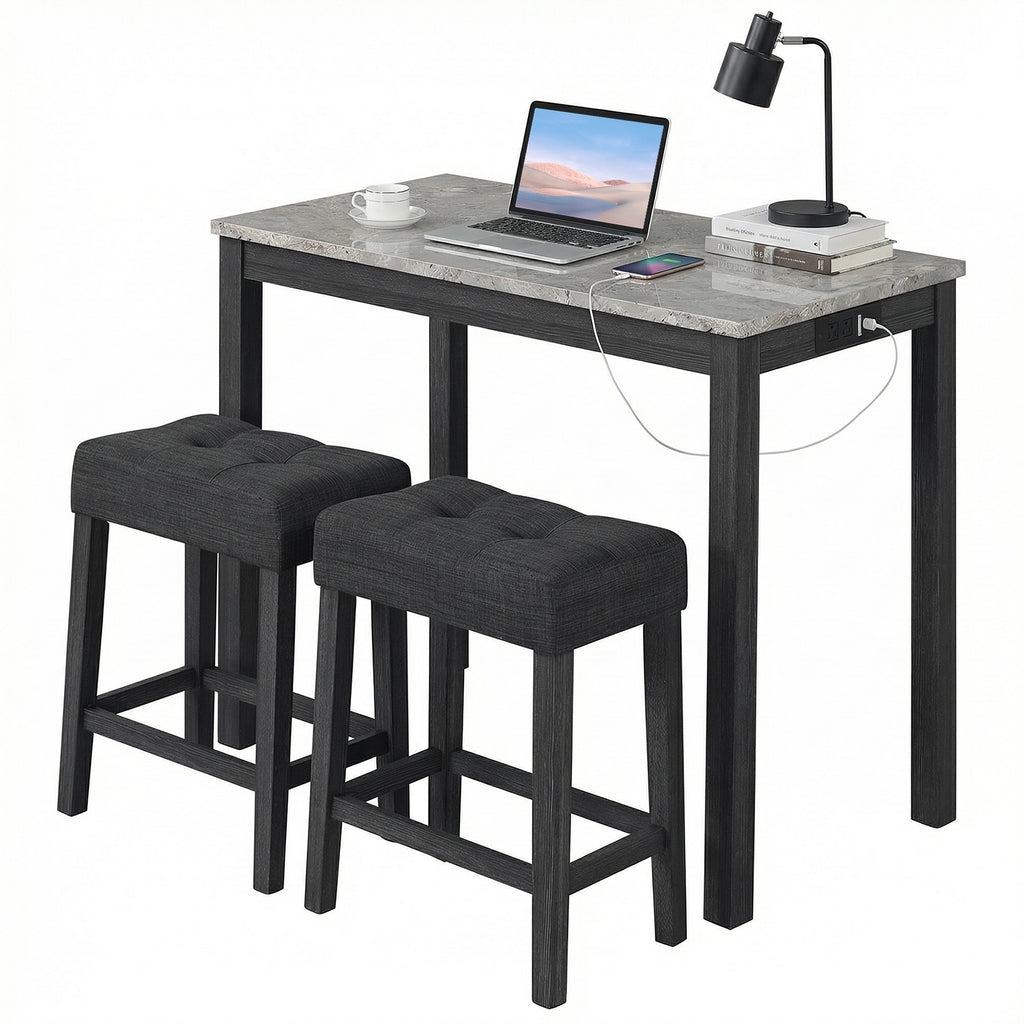 3-Piece Bar Table Set with Charging Station - Gray