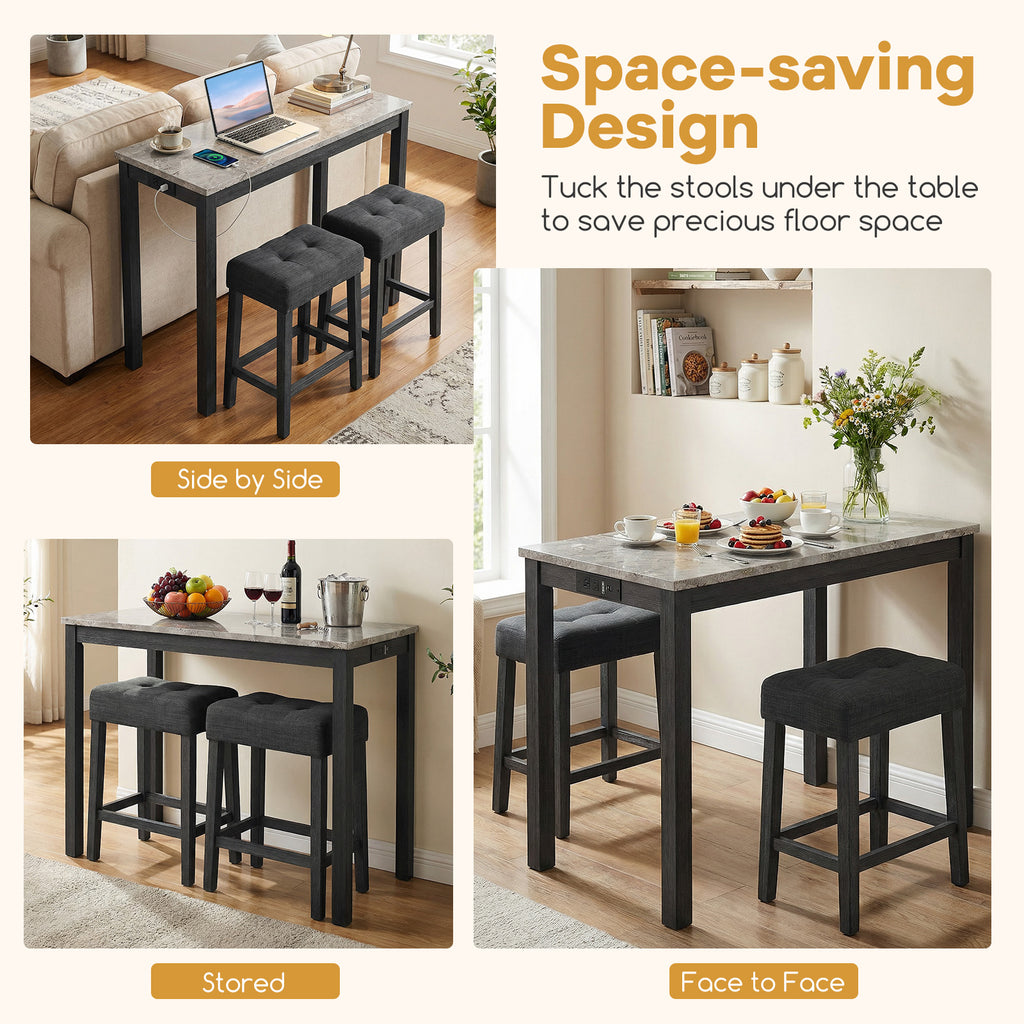 3-Piece Bar Table Set with Charging Station - Gray