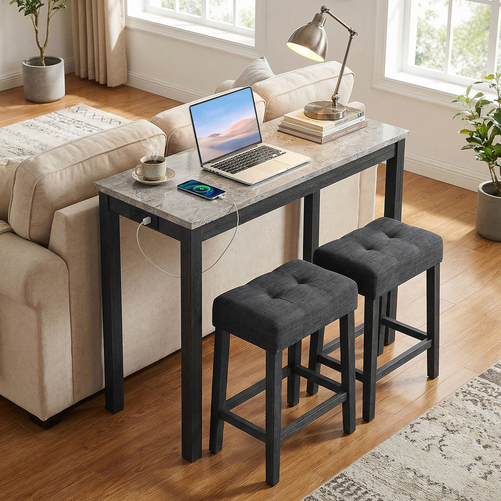 3-Piece Bar Table Set with Charging Station - Gray