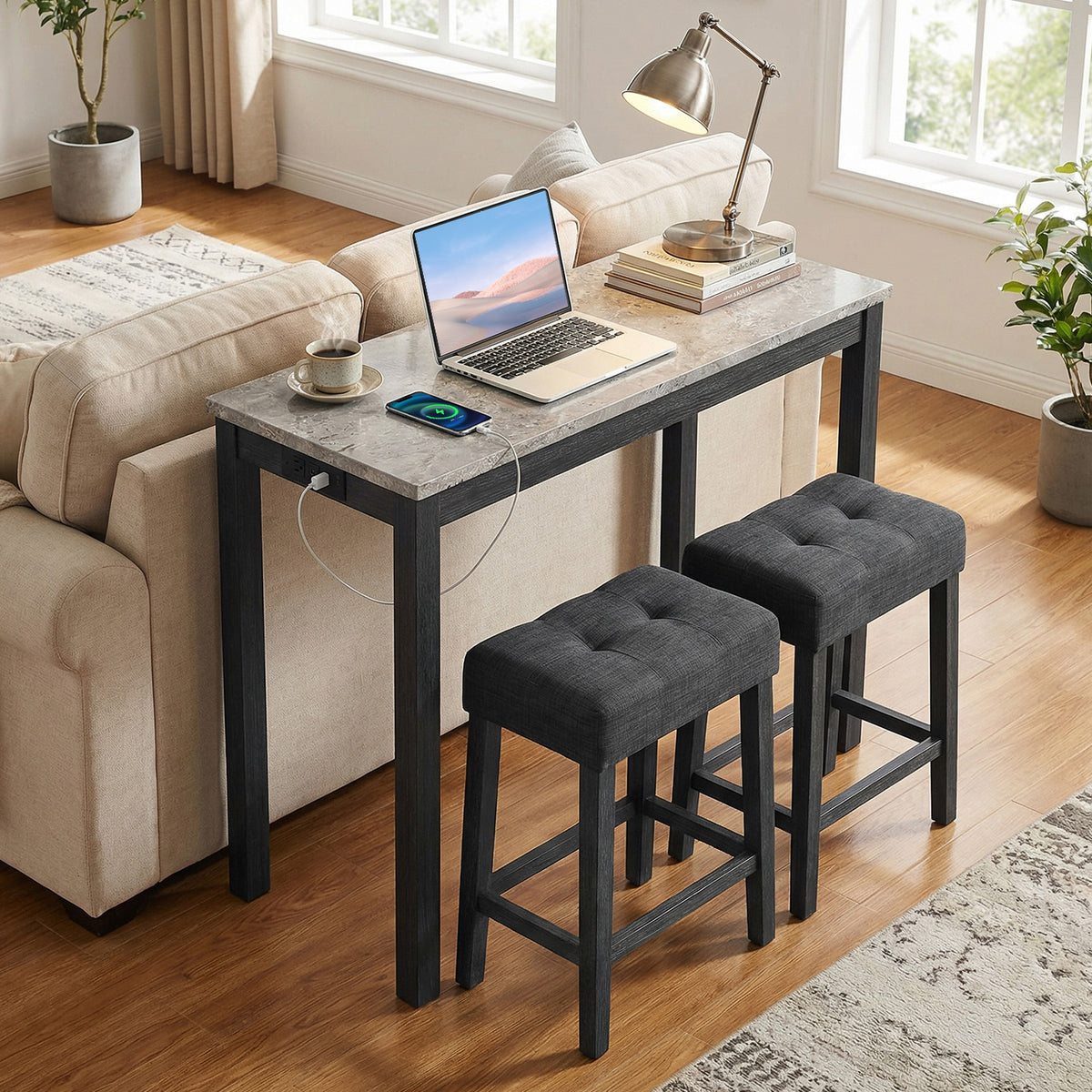 3-Piece Bar Table Set with Charging Station - Gray