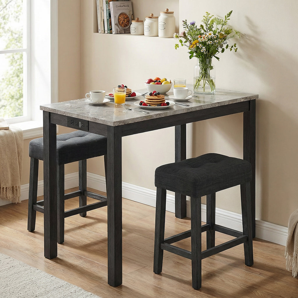 3-Piece Bar Table Set with Charging Station - Gray