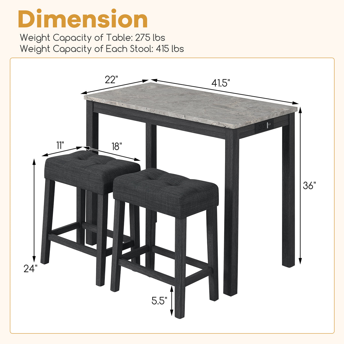 3-Piece Bar Table Set with Charging Station - Gray
