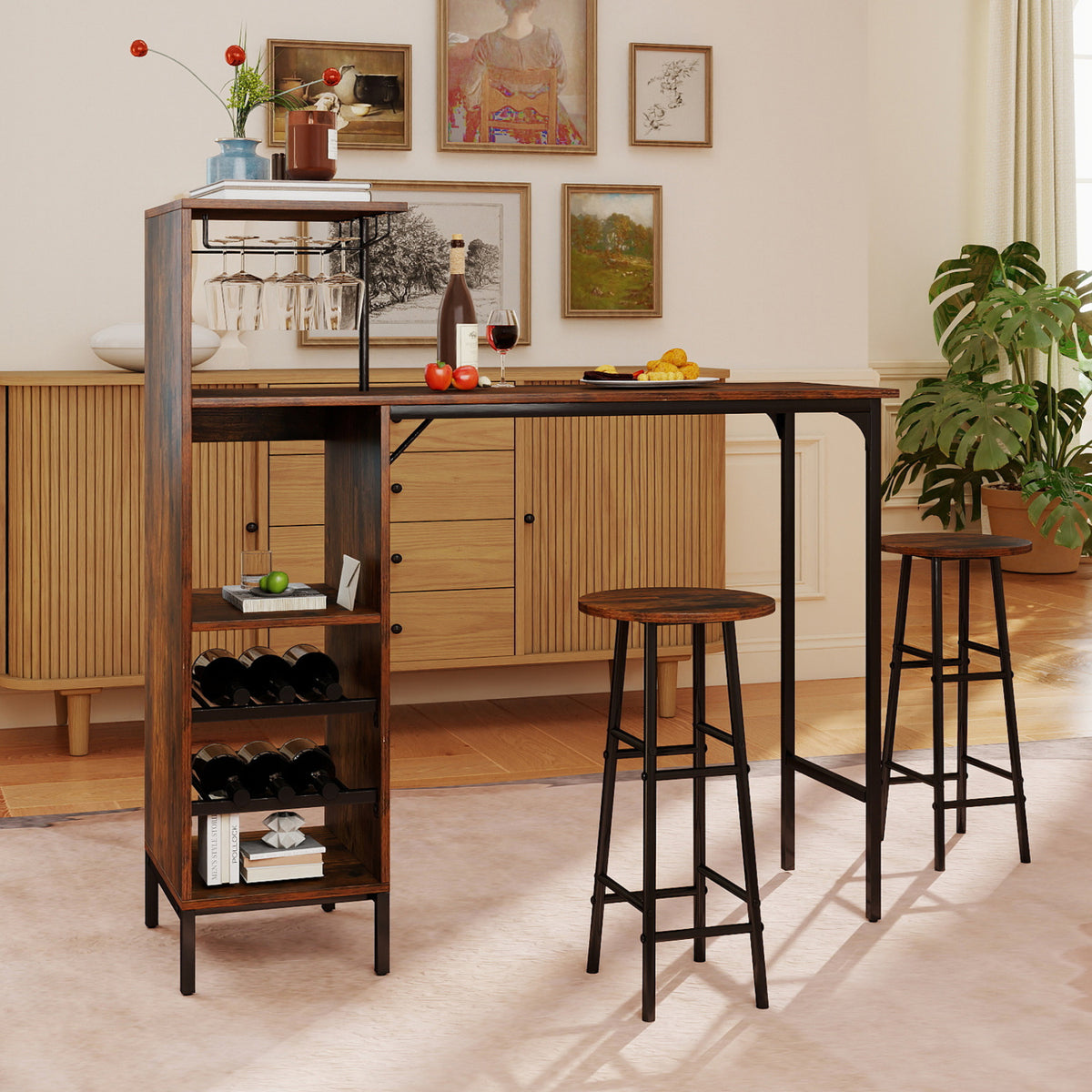 3 Piece Bar Table and Chairs Set with Wine Rack - Rustic Brown