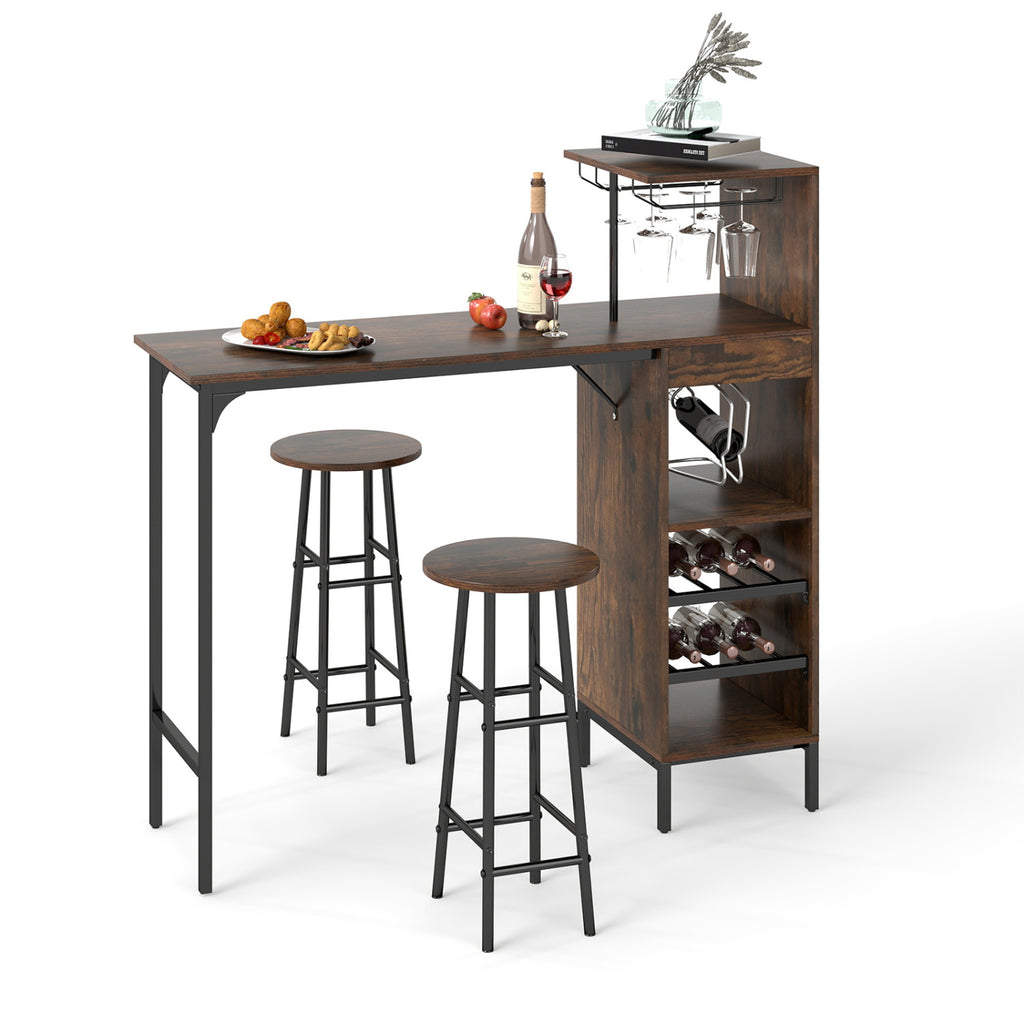 3 Piece Bar Table and Chairs Set with Wine Rack - Rustic Brown