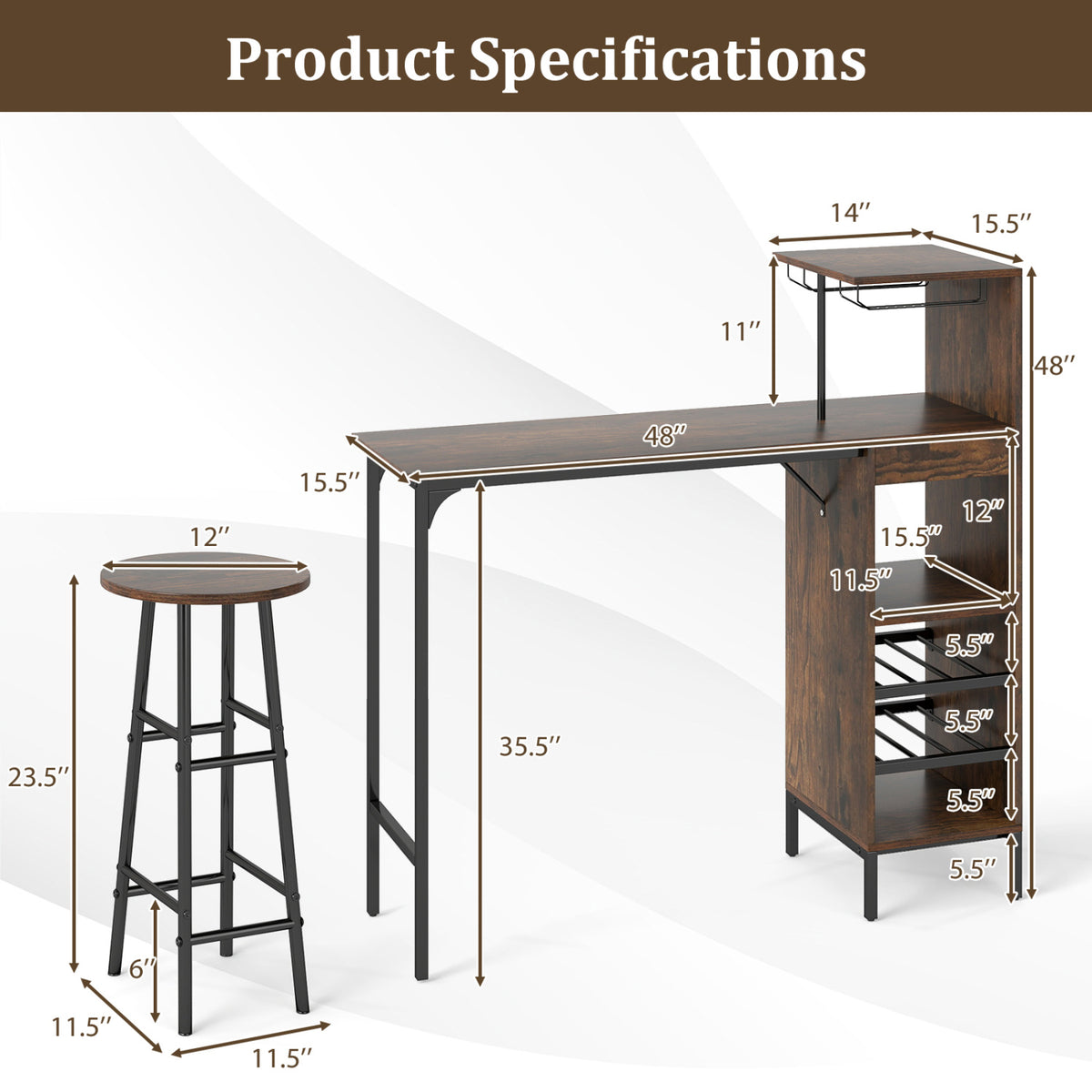 3 Piece Bar Table Set with Wine Rack - Rustic Brown
