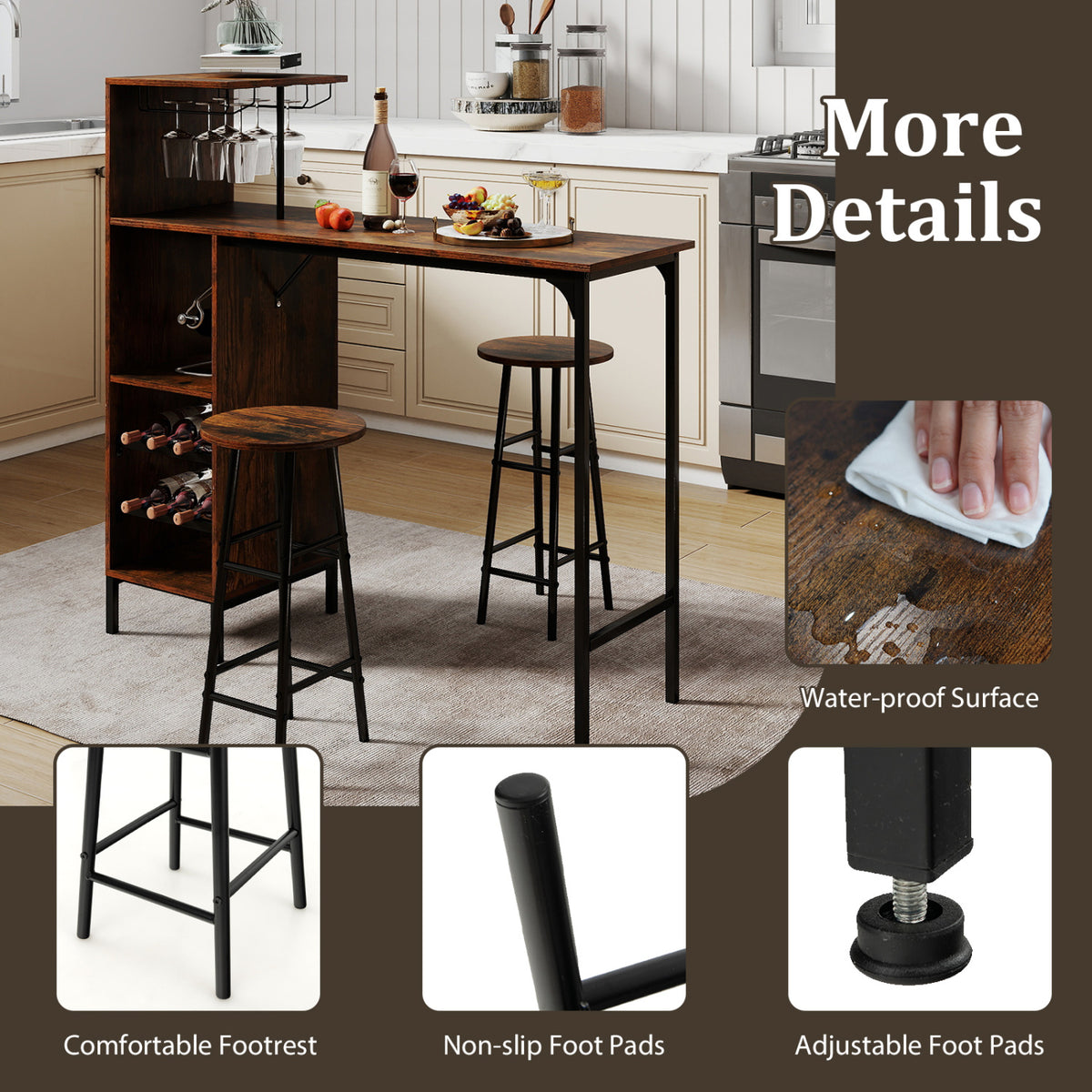3 Piece Bar Table and Chairs Set with Wine Rack - Rustic Brown