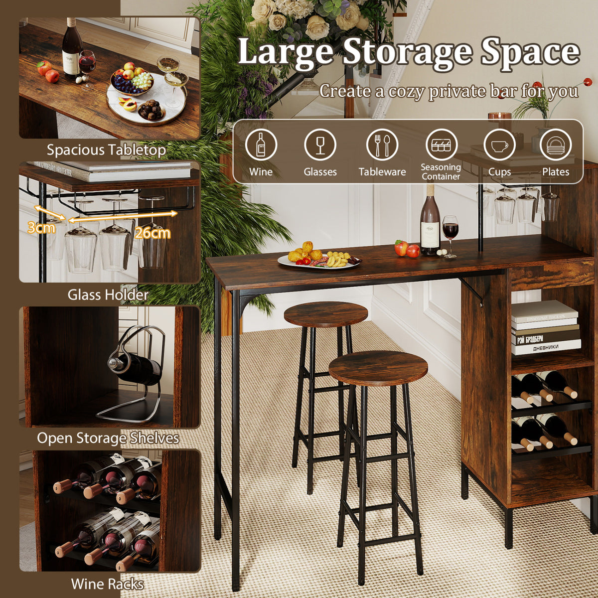 3 Piece Bar Table and Chairs Set with Wine Rack - Rustic Brown