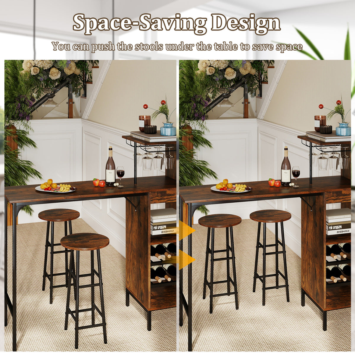 3 Piece Bar Table and Chairs Set with Wine Rack - Rustic Brown