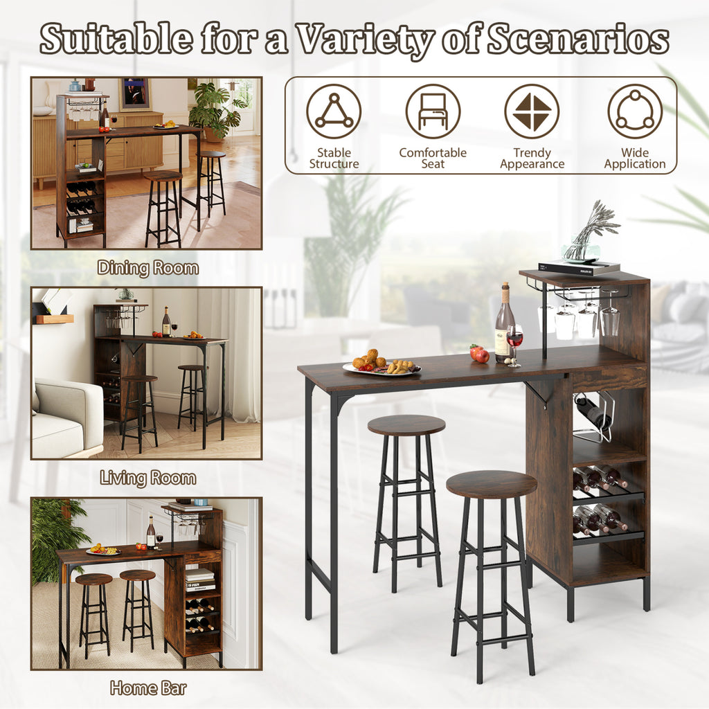 3 Piece Bar Table Set with Wine Rack - Rustic Brown