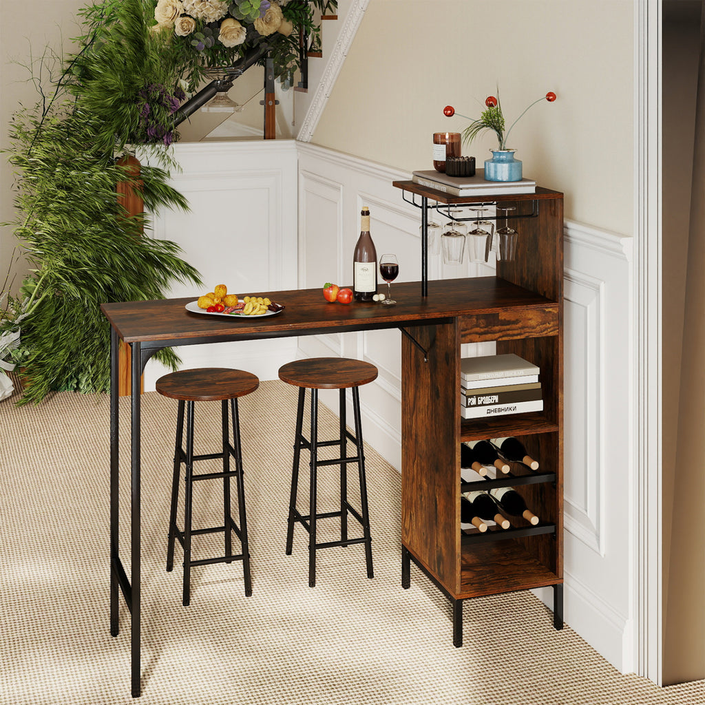 3 Piece Bar Table Set with Wine Rack - Rustic Brown