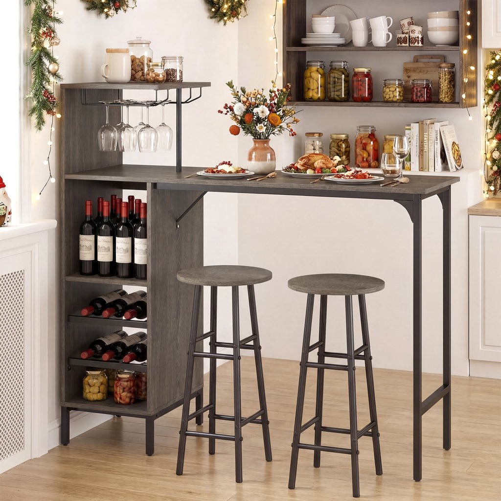 3 Piece Bar Table and Chairs Set with Wine Rack - Rustic Brown