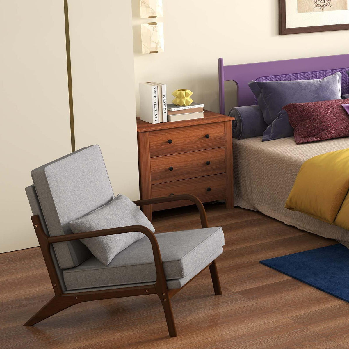 3-Piece Bedroom Bundle: Bedside Table, Accent Chair & Futon Sofa Bed