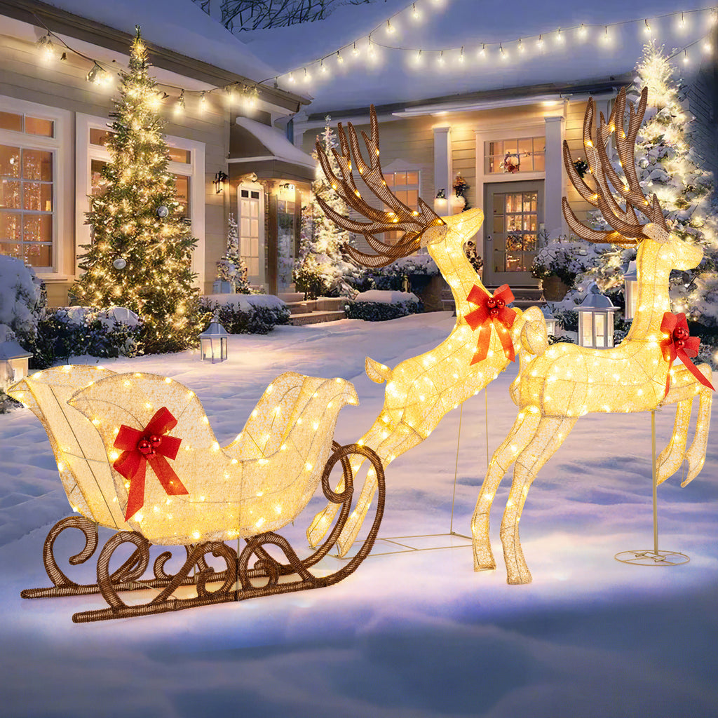 3-Piece Lighted Reindeer and Sleigh Christmas Yard Decor - Yellow Variation