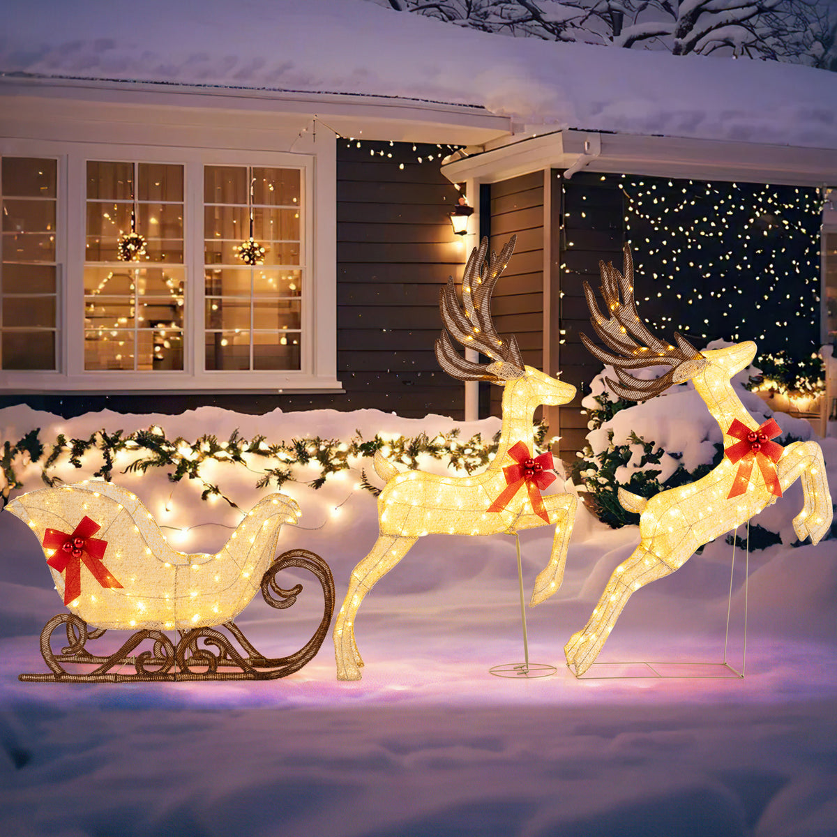 3-Piece Lighted Reindeer and Sleigh Christmas Yard Decor - Yellow Variation