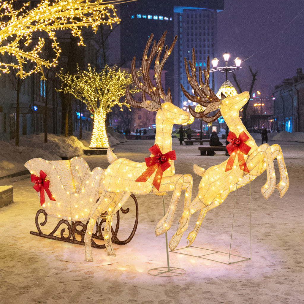 3-Piece Lighted Reindeer and Sleigh Christmas Yard Decor - Yellow Variation
