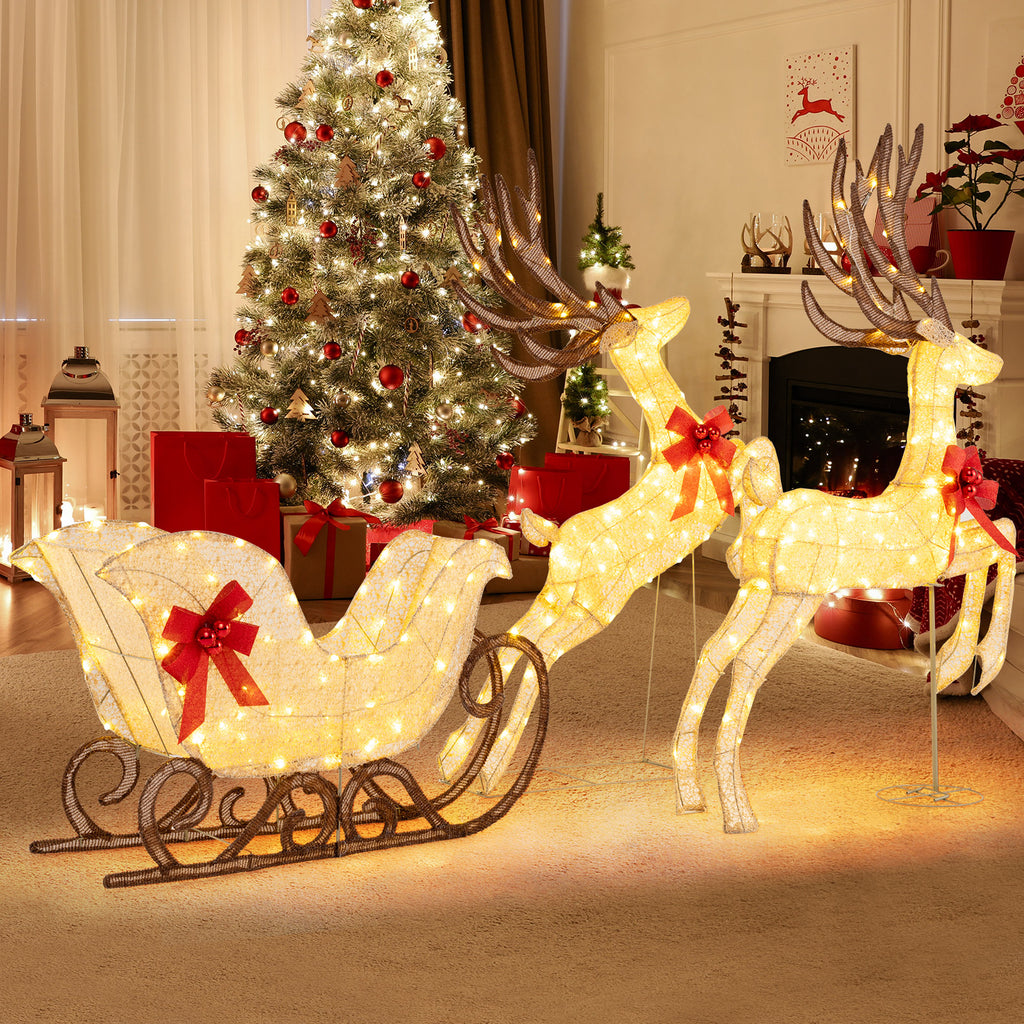 3-Piece Lighted Reindeer and Sleigh Christmas Yard Decor - Yellow Variation