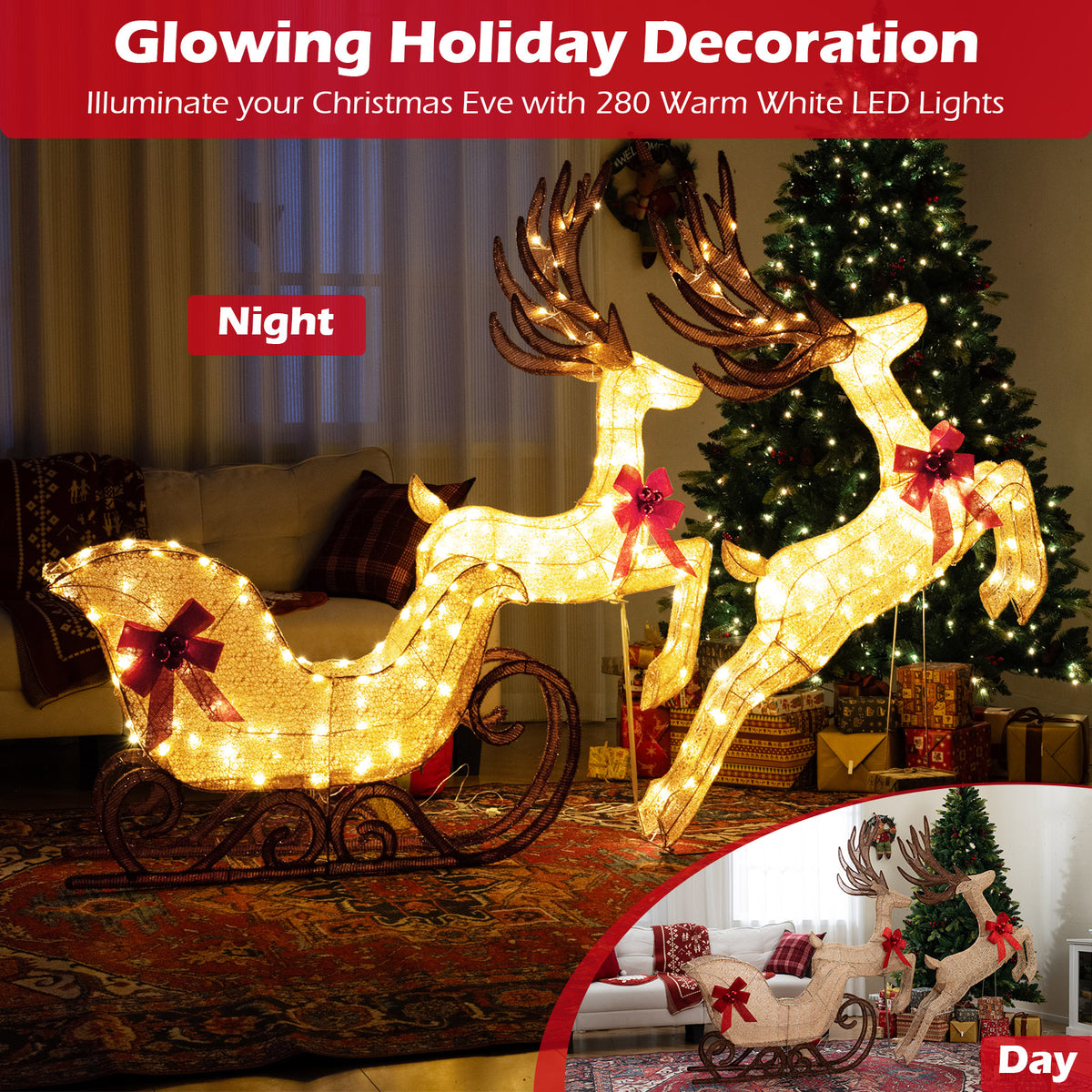 3-Piece Lighted Reindeer and Sleigh Christmas Yard Decor - Yellow Variation