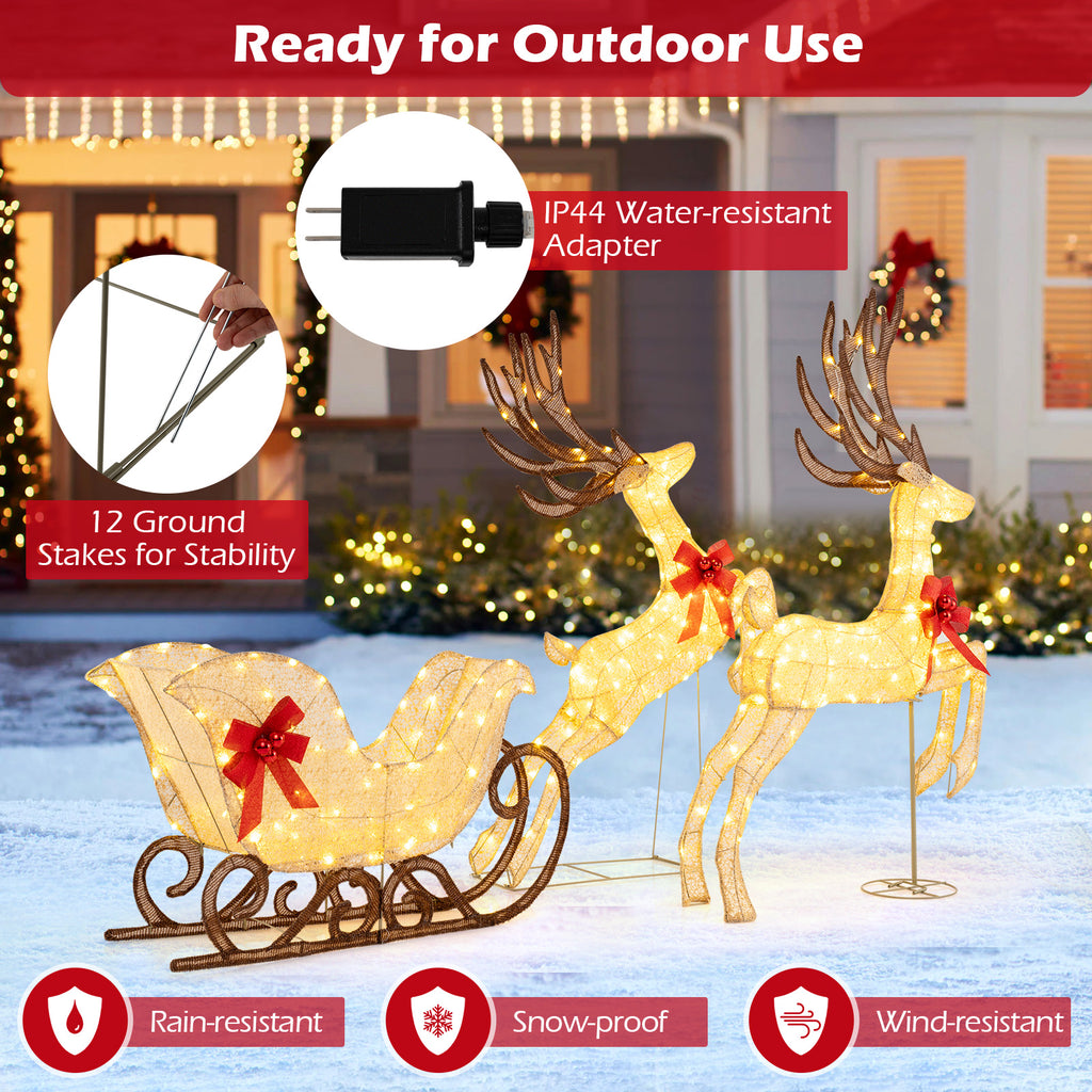 3-Piece Lighted Reindeer and Sleigh Christmas Yard Decor - Yellow Variation