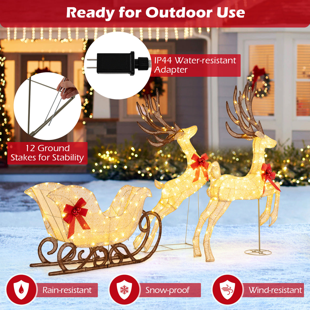3-Piece Lighted Reindeer and Sleigh Christmas Yard Decor - Yellow Variation