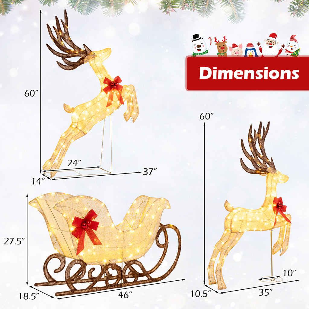 3-Piece Lighted Reindeer and Sleigh Christmas Yard Decor - Yellow Variation